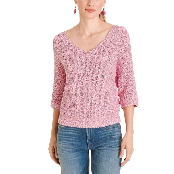 Chico's Pullover V-neck Tape Yarn 3/4 Sleeve Sweater Summer Berry Small/4 - Picture 9 of 10